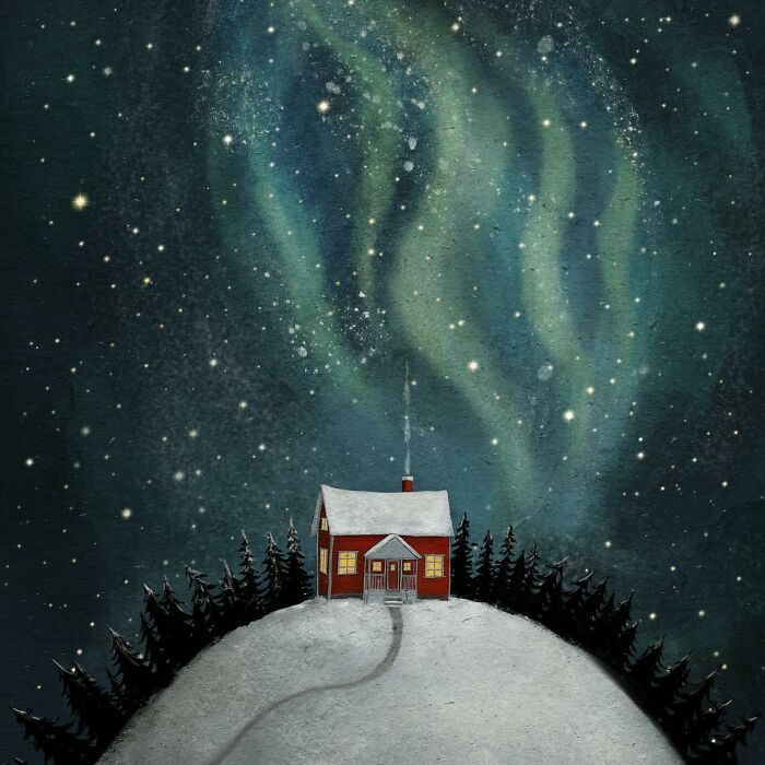 Whimsical illustration of a snowy cabin under the northern lights, surrounded by a starry night sky.