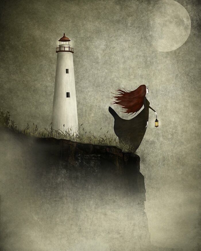 Whimsical illustration by Maja Lindberg featuring a woman with a lantern near a lighthouse and cliff under the moonlight.