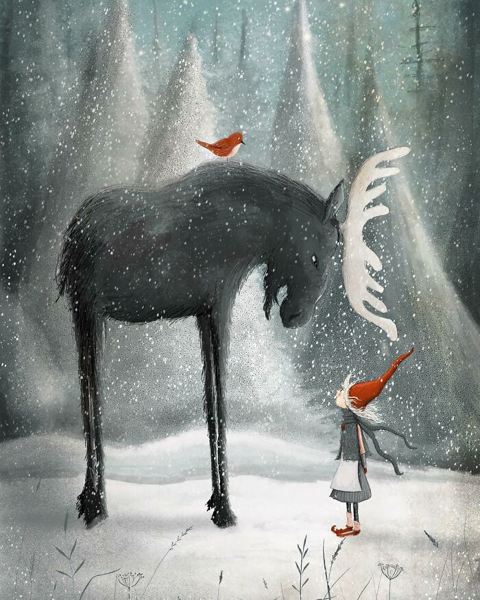 Whimsical illustration by Maja Lindberg of a girl with a red hat, a moose, and a bird in a snowy forest.