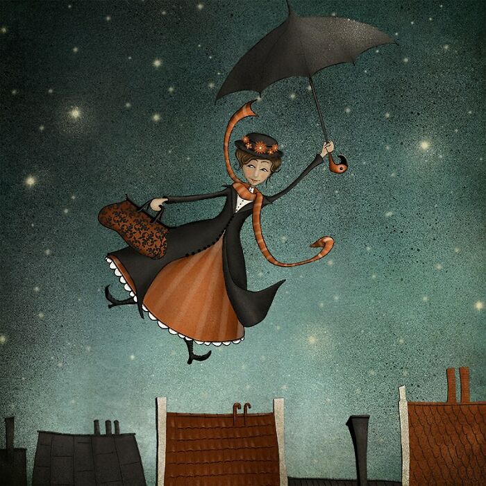 Whimsical illustration of a woman flying over rooftops with an umbrella by Maja Lindberg.