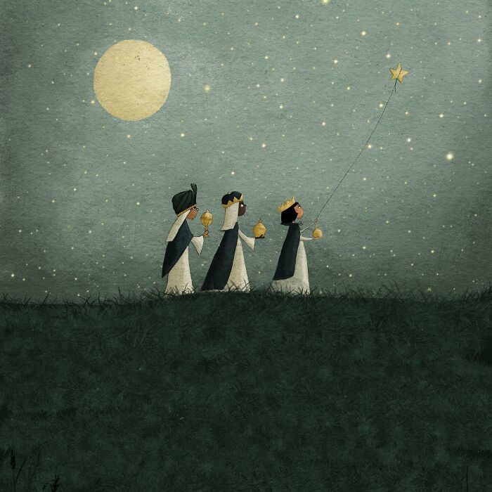 Whimsical illustration by Maja Lindberg of three figures under a starry night sky, leading with a golden star on a string.