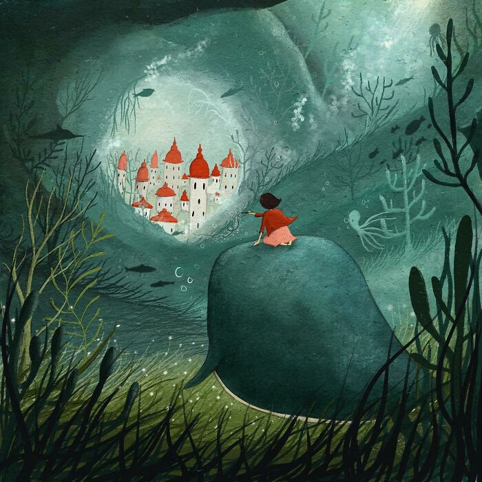 A whimsical illustration by Maja Lindberg shows a child on a whale, gazing at an underwater city.