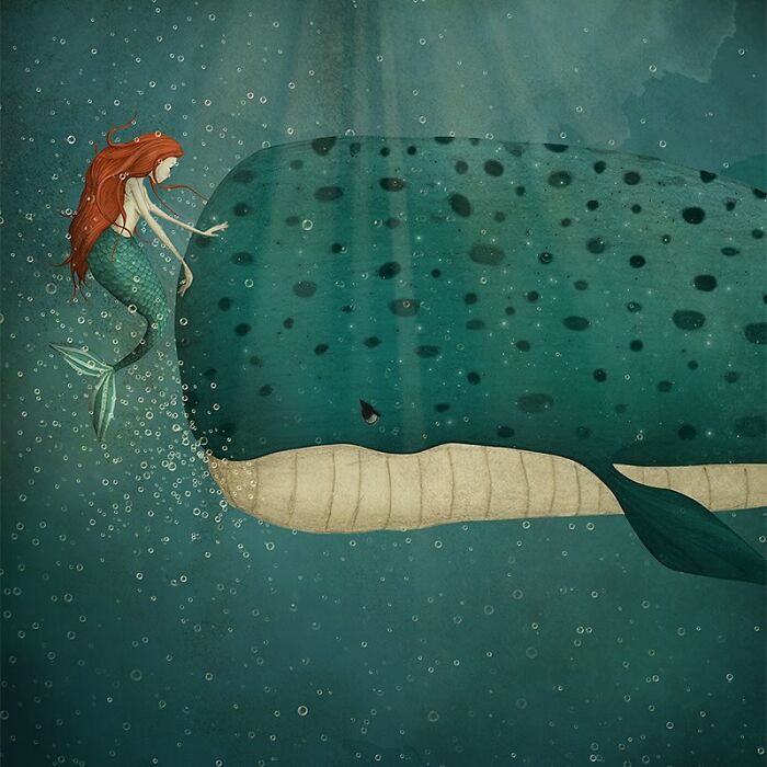 Mermaid and whale under the sea in a whimsical illustration by Maja Lindberg.