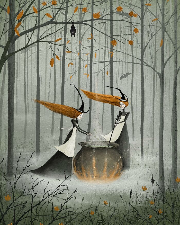 Whimsical illustration of two witches brewing a potion in a misty, enchanted forest.