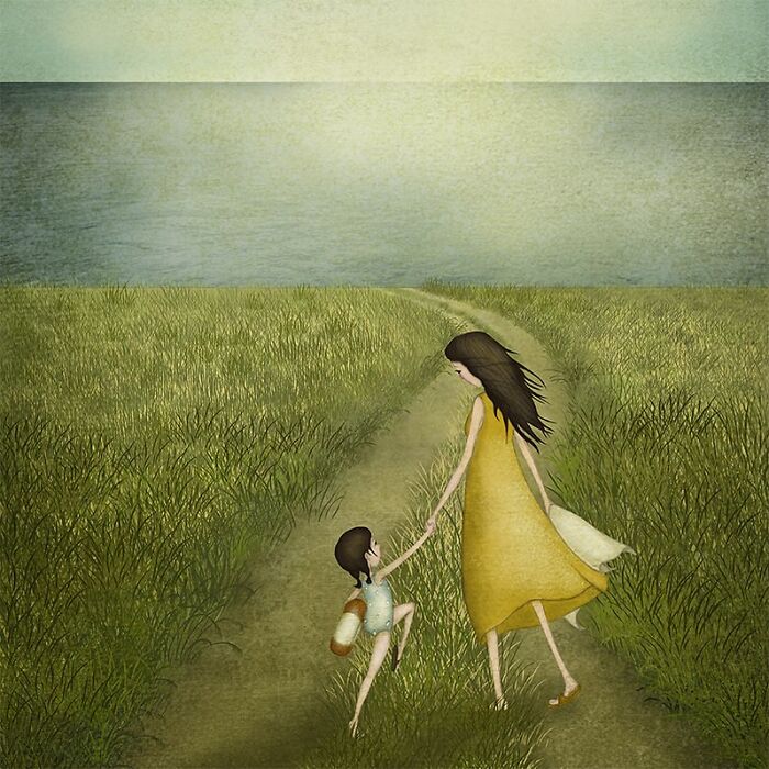 Whimsical illustration of a woman and child walking on a grassy path by the sea, with a soft, dreamy atmosphere.