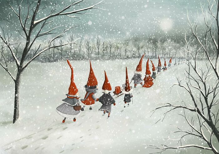 Whimsical illustration by Maja Lindberg featuring gnomes in red hats walking through a snowy landscape.