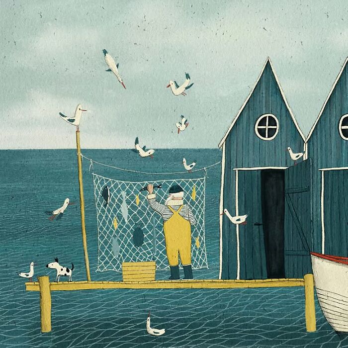 Whimsical illustration of a fisherman on a dock with seagulls and blue wooden huts by the sea.