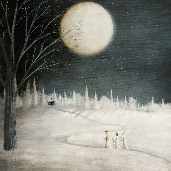 Whimsical illustration by Maja Lindberg of three figures in a snowy landscape under a large moonlit sky.