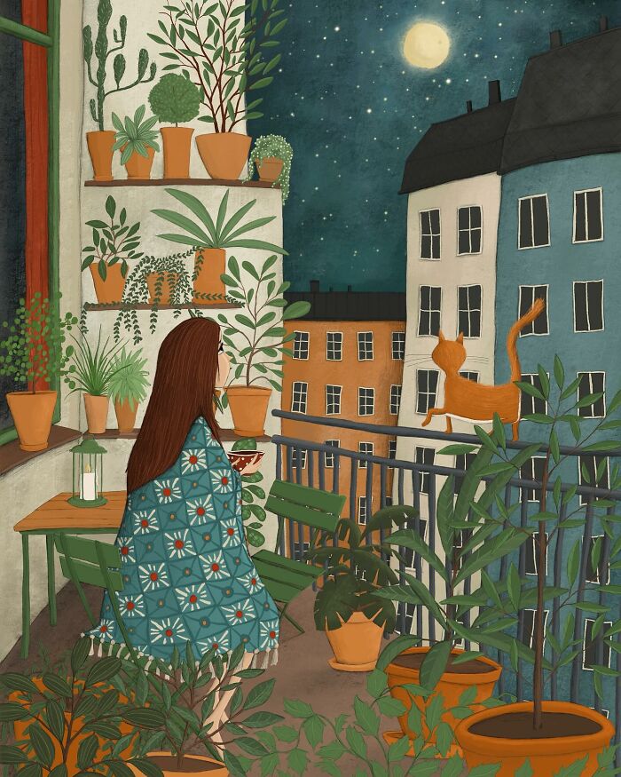 Whimsical illustration of a woman on a plant-filled balcony under a starry night, with a cat on the railing.