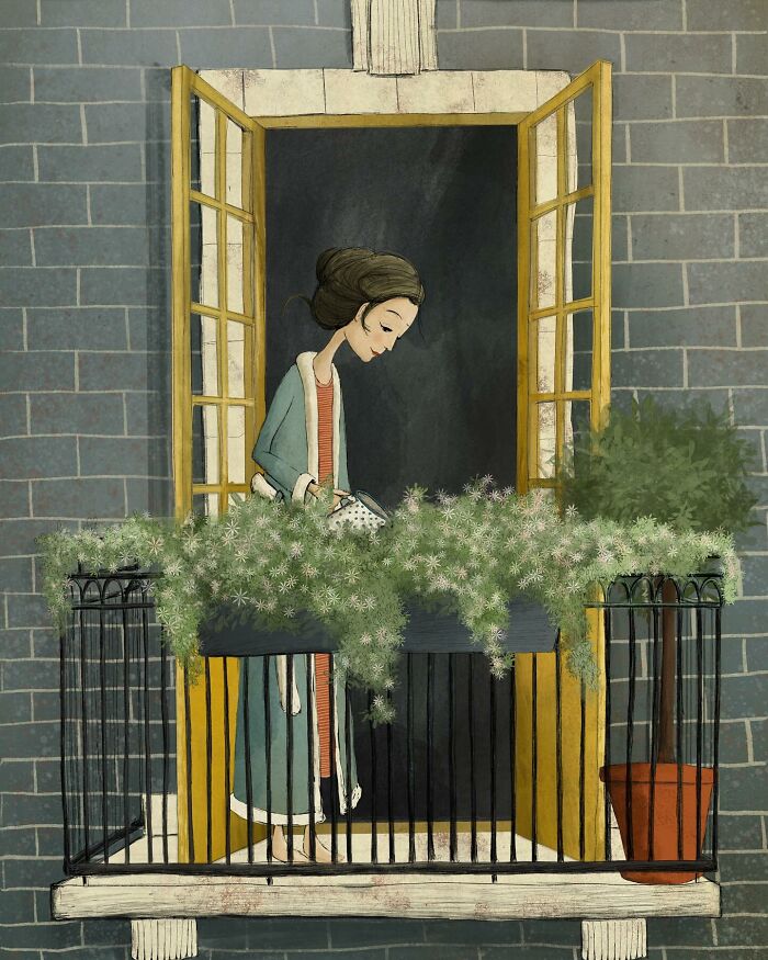 Whimsical illustration of a woman watering plants on a balcony, with an open window and lush greenery by Maja Lindberg.