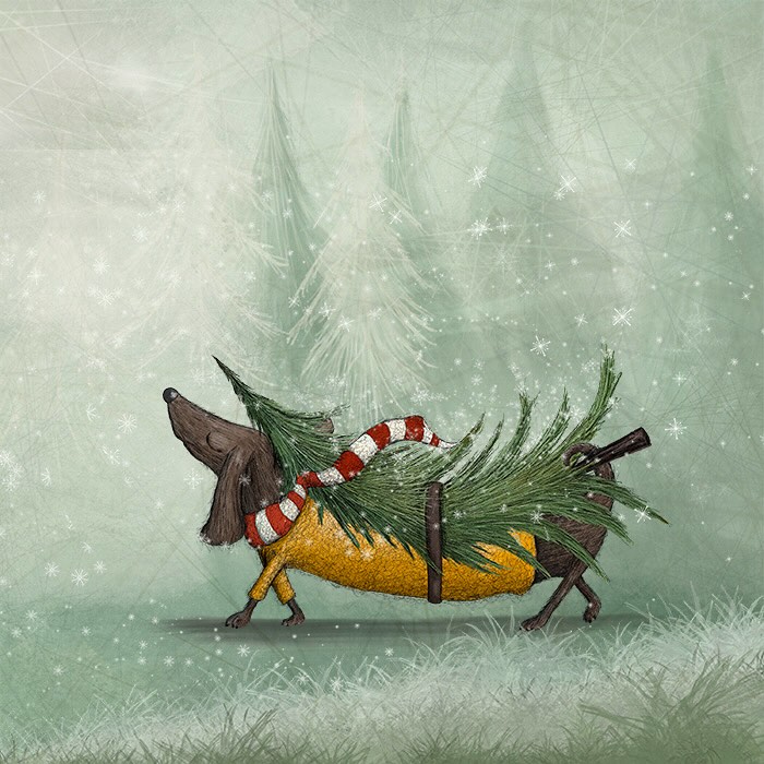 Whimsical illustration by Maja Lindberg of a dachshund in a winter scene wearing a tree costume with a red scarf.