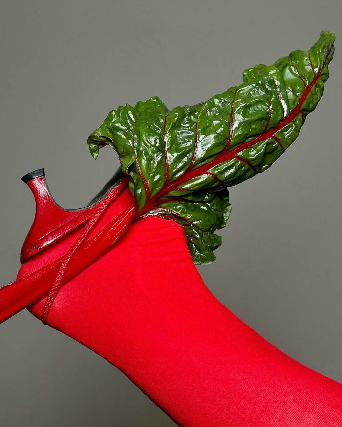 Sculptural footwear made from a red high heel and a leafy green vegetable, showcasing creative use of everyday objects.