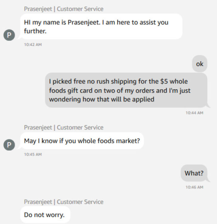 Chat support conversation with confusing replies about a gift card and whole foods market.