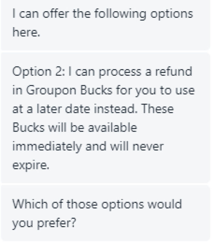 Chat support reply offering a refund in Groupon Bucks with options.