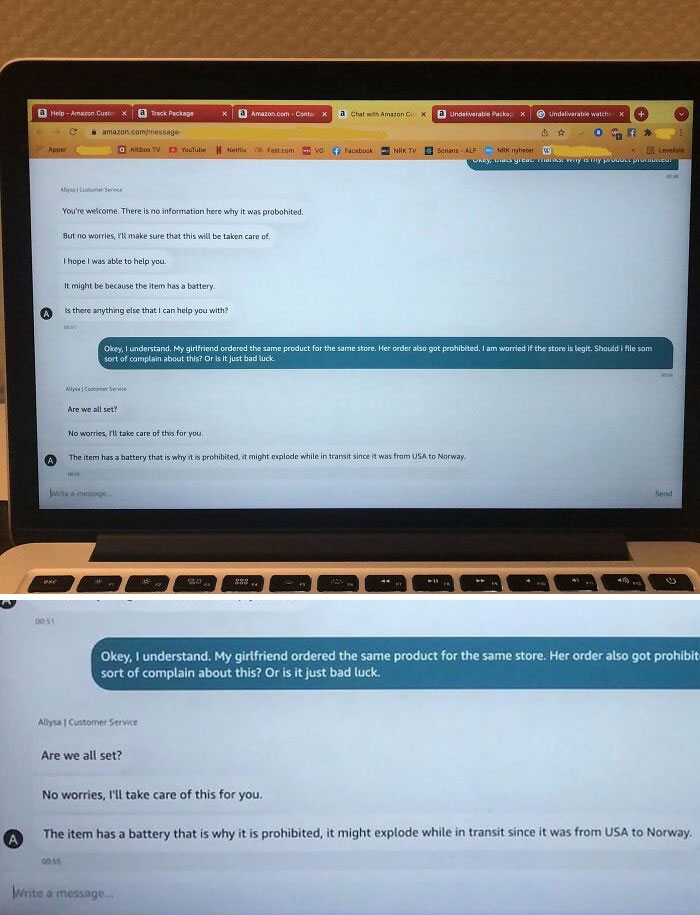 Computer screen displaying infuriating chat support replies about a prohibited order with explanation regarding battery issues.