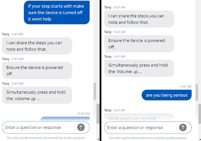 Chat support exchange showing infuriating replies with repetitive device instructions.