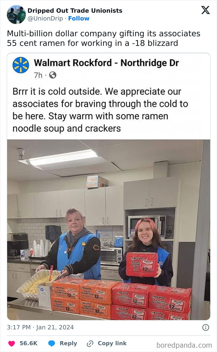 Employees receiving ramen as a company gift and bonus during a blizzard, standing in a break room.