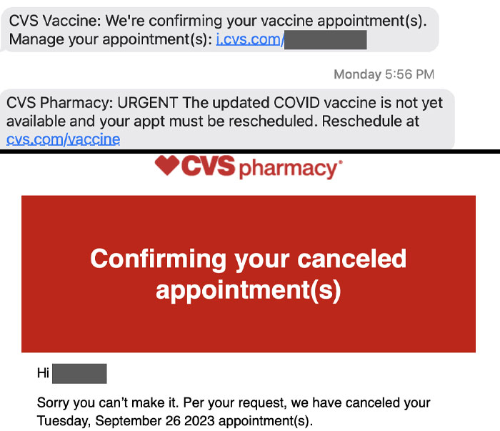 CVS Pharmacy messages about vaccine rescheduling and confirming canceled appointments, highlighting local pharmacy issues.