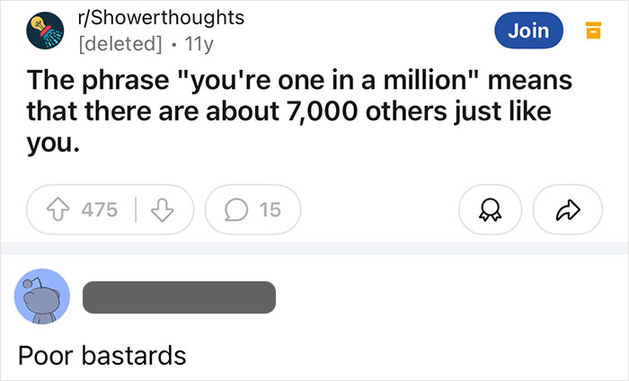 Reddit post with a clever comeback about being one in a million.