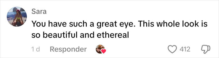 User comment praising a dramatic wedding dress and veil, calling it beautiful and ethereal, with 412 likes and a heart emoji.