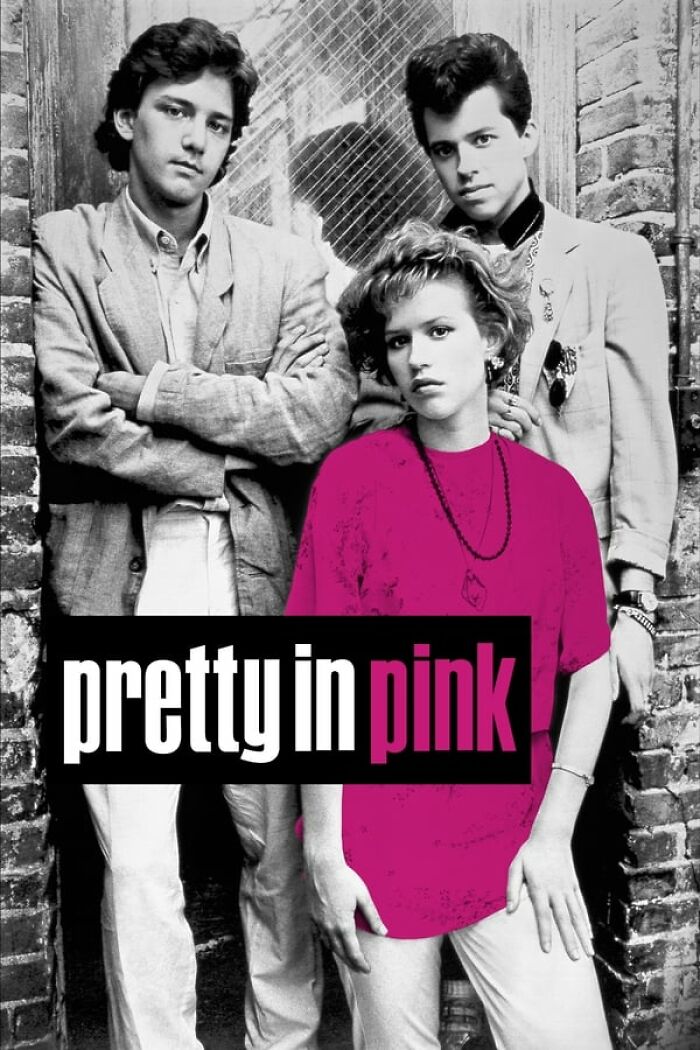 Three characters from the movie "Pretty in Pink," a classic for Best-Nostalgia-Movies, standing in a brick alley.