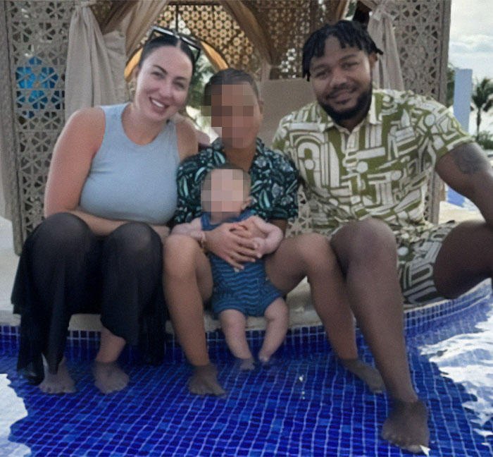 A family sitting by a pool at a Cancun resort, with the main SEO keyword \'Family Held Hostage\'.