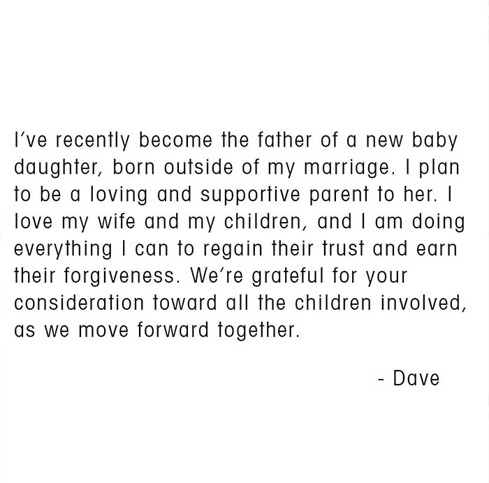 Text message from Dave Grohl about being a father to a baby outside of marriage, seeking forgiveness and trust.