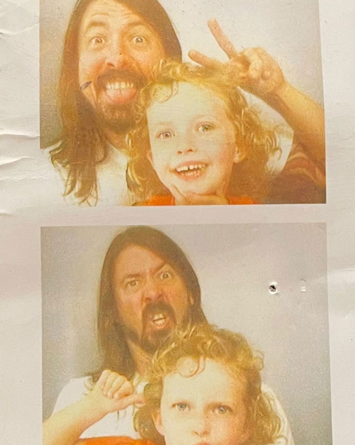 "Photo booth strip of a man with long hair making funny faces with a young child, both expressing playful emotions.