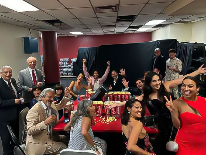 Group celebrating in a basement setting, with snacks and drinks on a table, depicting a lively atmosphere.