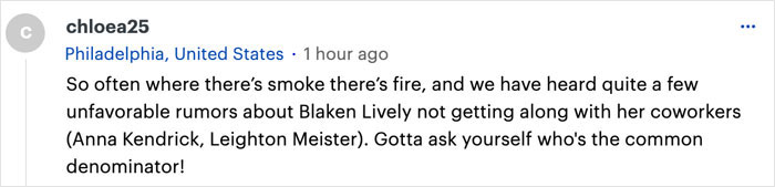 Comment discussing rumors about Blake Lively and colleagues.