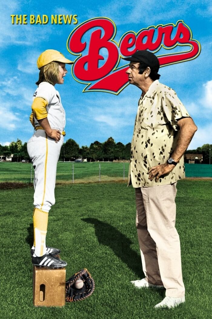 Cover of "The Bad News Bears" featuring a young baseball player facing an older man, capturing nostalgia movies theme.