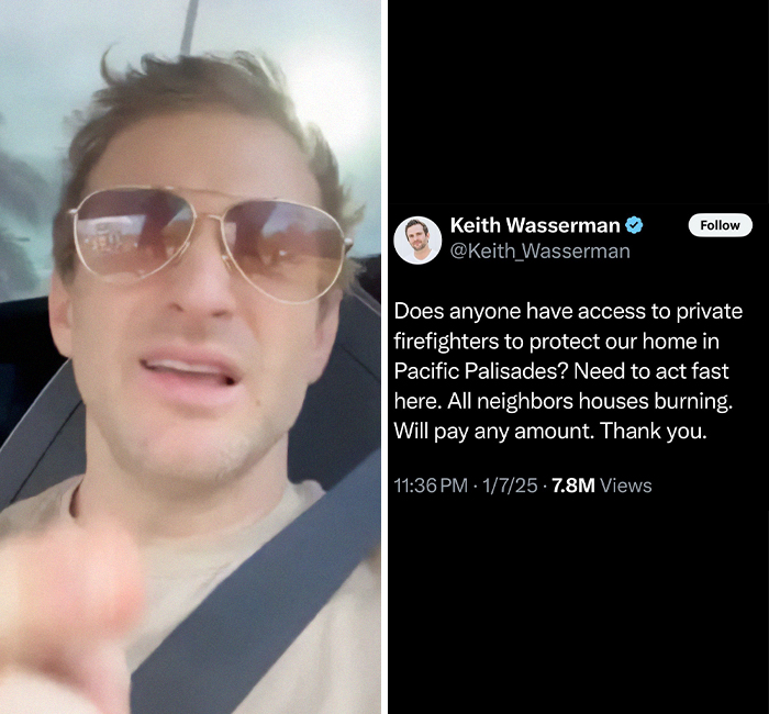 Celebrity in car wearing sunglasses during L.A. wildfires with a controversial tweet about hiring private firefighters.