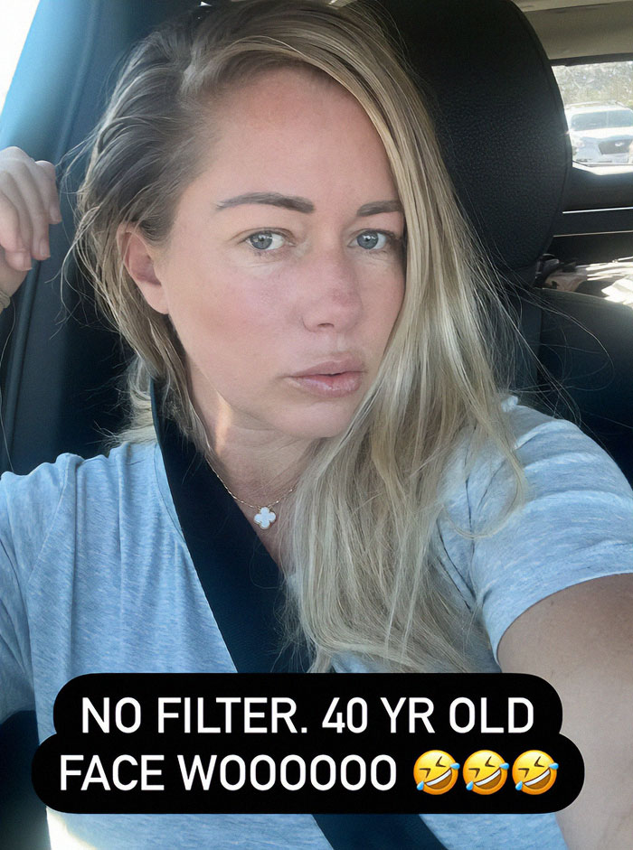 Former model in a car, wearing a gray shirt, with text overlay about age and no filter.