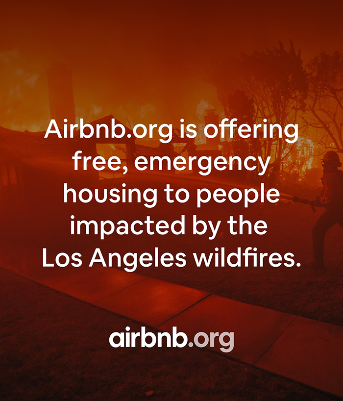 Airbnb.org offers free housing during LA wildfires against a backdrop of flames.