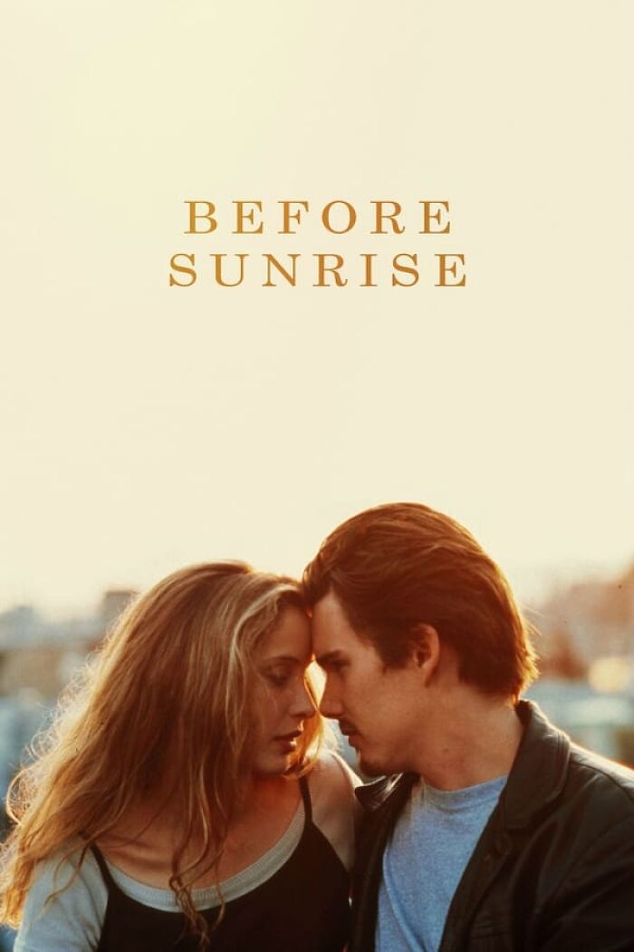 Cover of nostalgia movie "Before Sunrise" with a romantic couple close together.