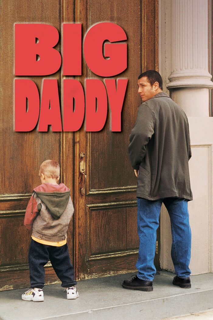 Two characters standing by a large wooden door under the title "Big Daddy" from a nostalgia movie.