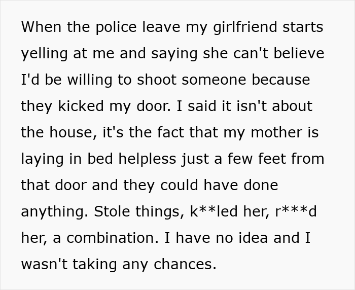 Text describing a man's defense of his decision to confront intruders with a gun for his family's safety.