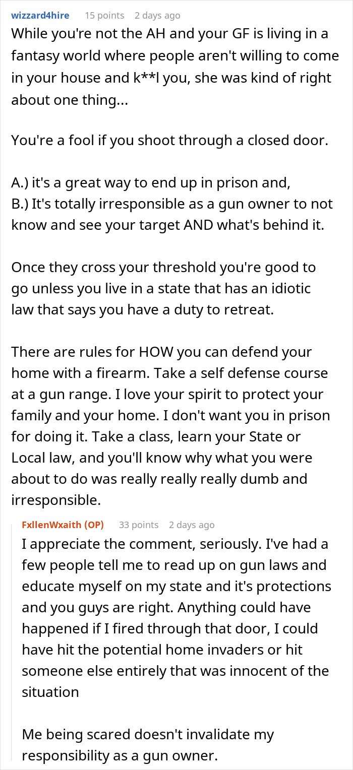 Reddit comments discussing defending a home and gun owner responsibilities.