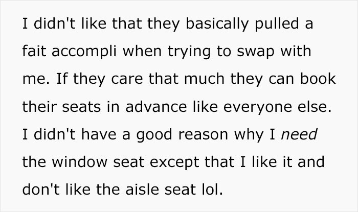 Text about a person refusing to give up a window seat, preferring it over the aisle seat.