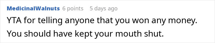 Online comment discussing sharing lottery winnings from a White Elephant gift exchange.