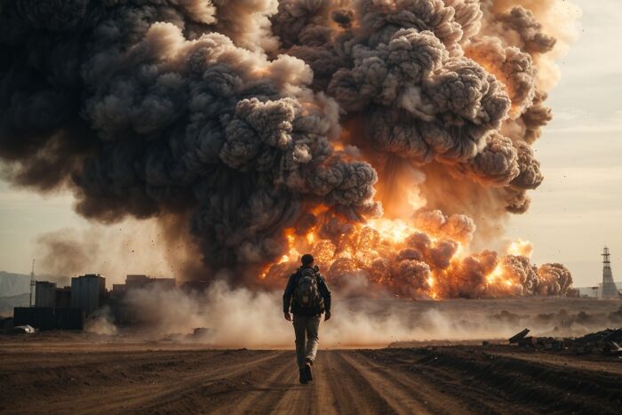 A person walks on a dirt road towards a massive cloud of smoke and fire, representing realization of chaos.