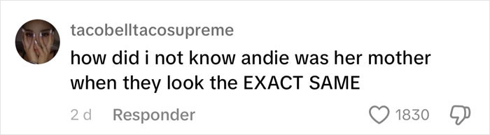 Comment about "reverse nepotism" mentioning Andie and resemblance, with 1830 likes.