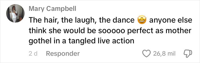 Comment suggesting someone for Mother Gothel in a live-action film, referencing hair and laugh; relates to reverse nepotism.