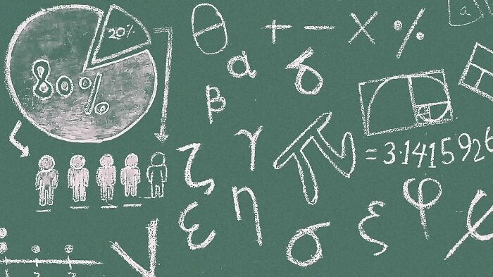 Math quiz concepts on a green chalkboard, featuring symbols, equations, and pie chart.