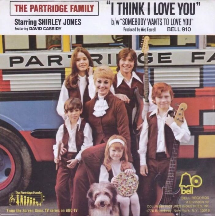 The Partridge Family band photo with instruments from iconic '70s music hit record cover.