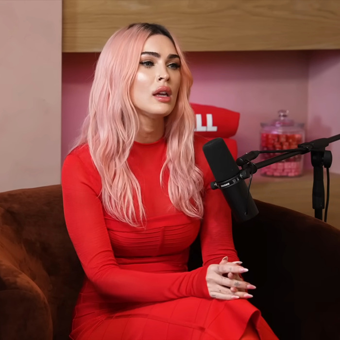 Megan Fox in a red dress, sitting with a microphone, related to viral concerning poetry.