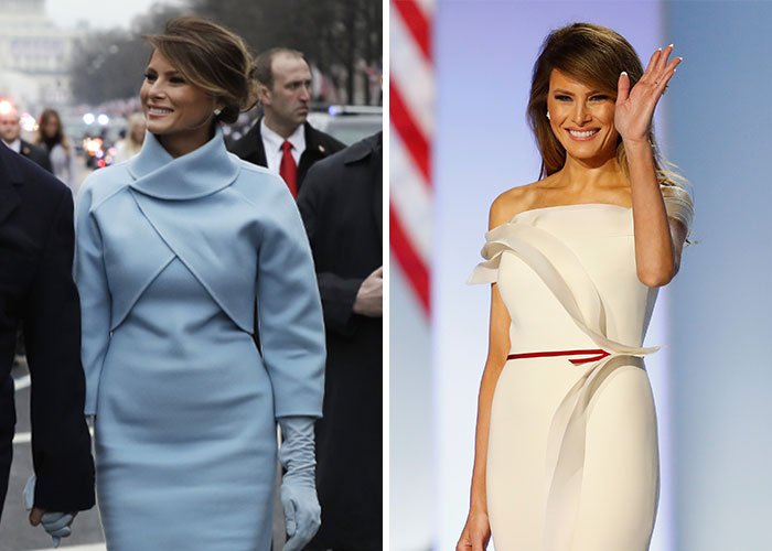 Melania's inauguration outfits: a blue coat and a white off-shoulder gown, sparking online comparisons to past First Ladies.