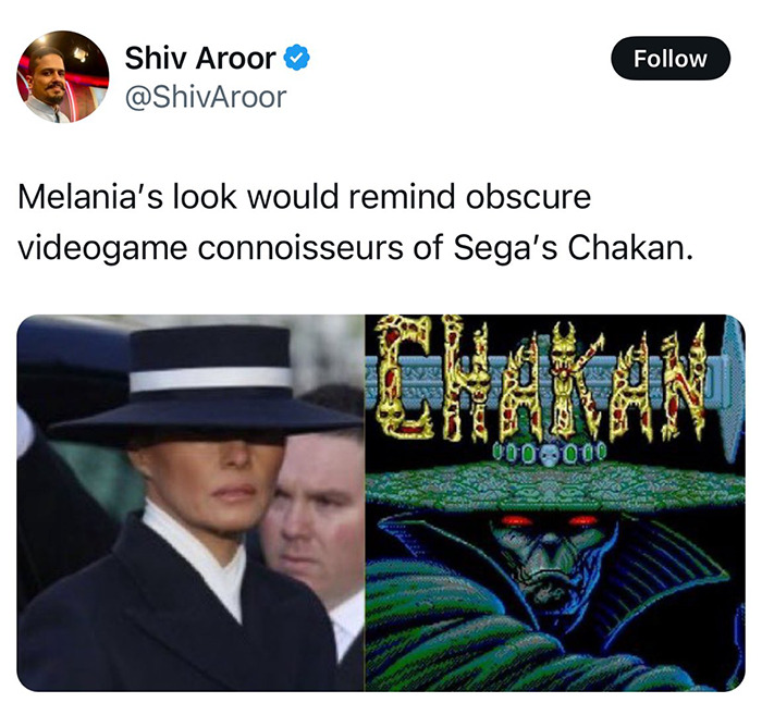 Melania Trump's outfit compared to Sega's Chakan, drawing humorous reactions online.