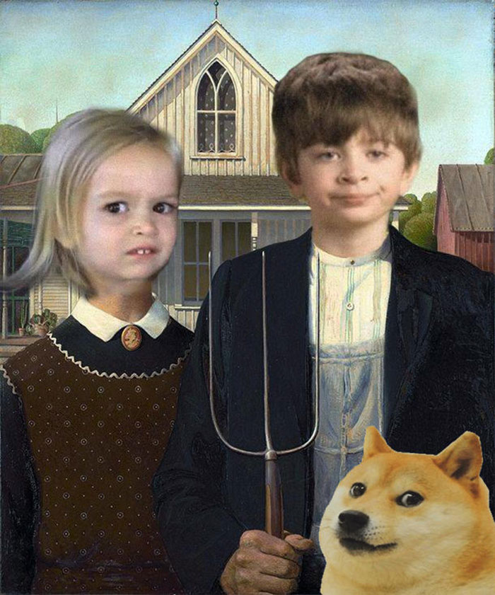 Side-Eyeing Chloe and other meme faces in an 'American Gothic' parody artwork.