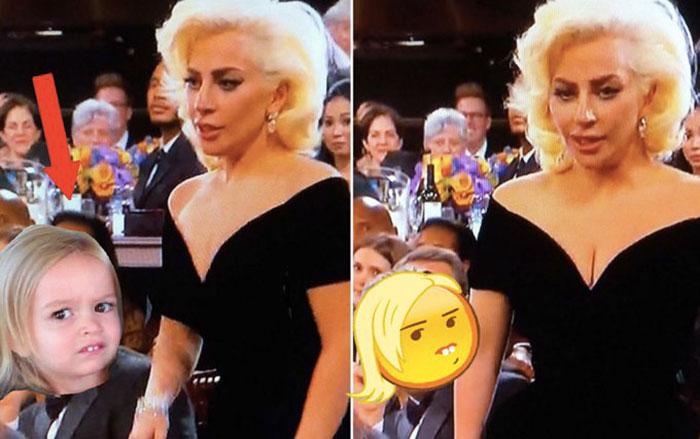 Meme of 'Side-Eyeing Chloe' edited into an award show scene with a celebrity in a black dress.